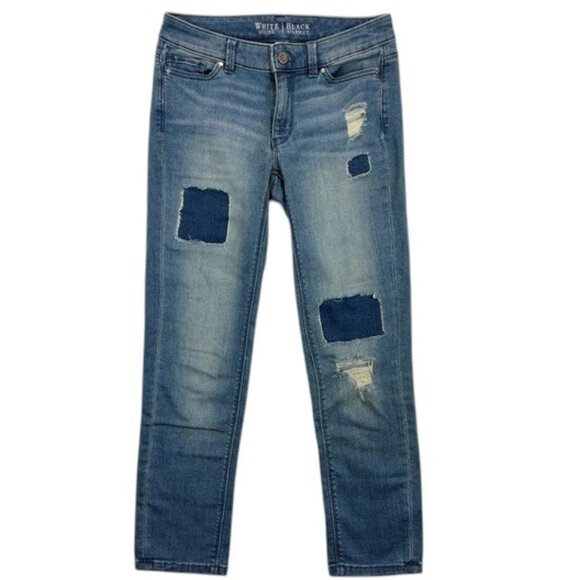 White House Black Market Women’s 00 Slim Crop Jeans Distressed Patched Mid Rise - Picture 1 of 12